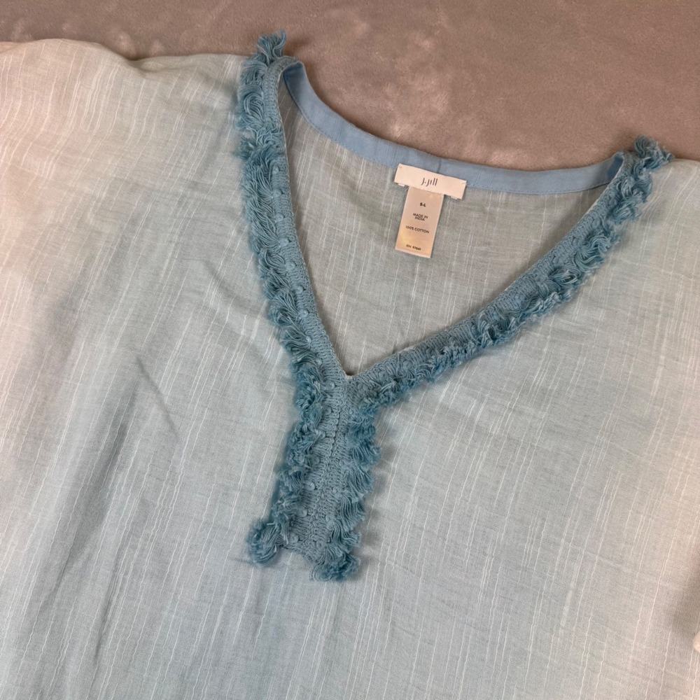 J.Jill Beach Top Blouse Poncho Ombre Blue White Gauze Shirt S L 100% Cotton